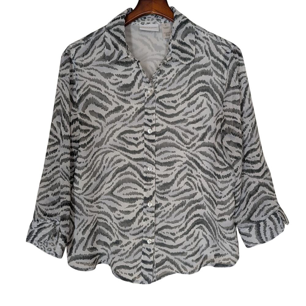ALFRED DUNNER Zebra Print Blouse Size 12 Grey White 3/4 Sleeve Button Shirt Top